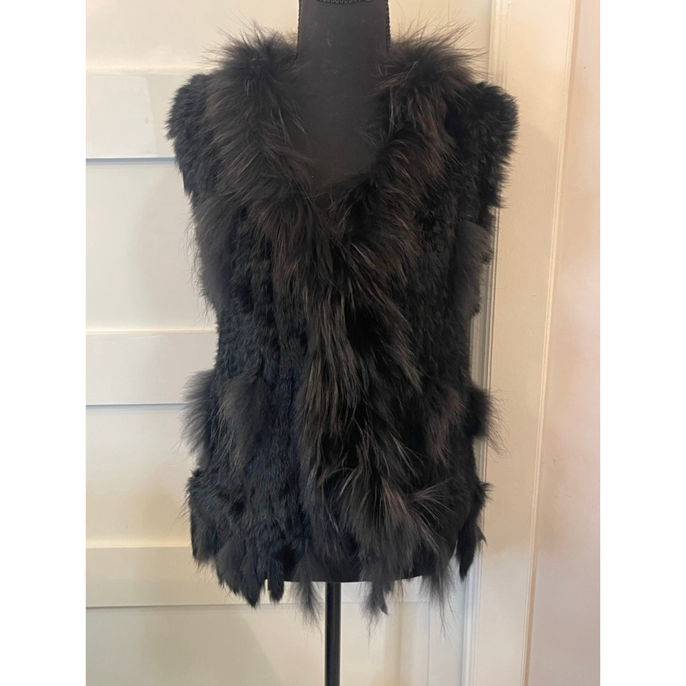 Tourance Genuine Rabbit Fur Vest w/ Long Hair Fur Trim Black Size M - Picture 5 of 8